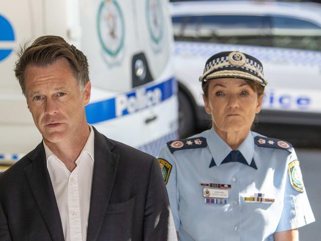 NSW Premier Chris Minns and Police Commissioner Karen Webb provided an update on investigations into antisemitic vandalism across Sydney. Picture: NewsWire / Simon Bullard.