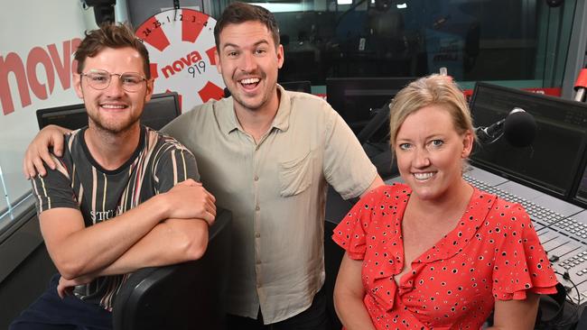 Nova 919’s breakfast duo Ben Harvey and Liam Stapleton with their station colleague Jodie Oddy. Picture: Keryn Stevens