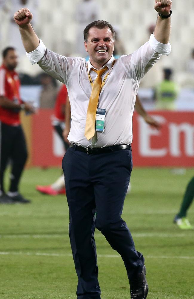 Pictured is Socceroos coach Ange Postecoglou celebrating the win against the United Arab Emirates in a World Cup Qualifying match at Mohammed Bin Zayed Stadium in Abu Dhabi today. Picture: Tim Hunter.