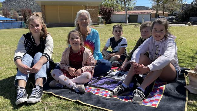 Kazz Danzey with her grandchildren Hayley Danzey, Airlie Barker (6), Ruby Danzey (10), Kricket Wooster (12) and Hudson Barker (8) saw some sleet in The Summit. Photo: Madison Mifsud-Ure / Stanthorpe Border Post