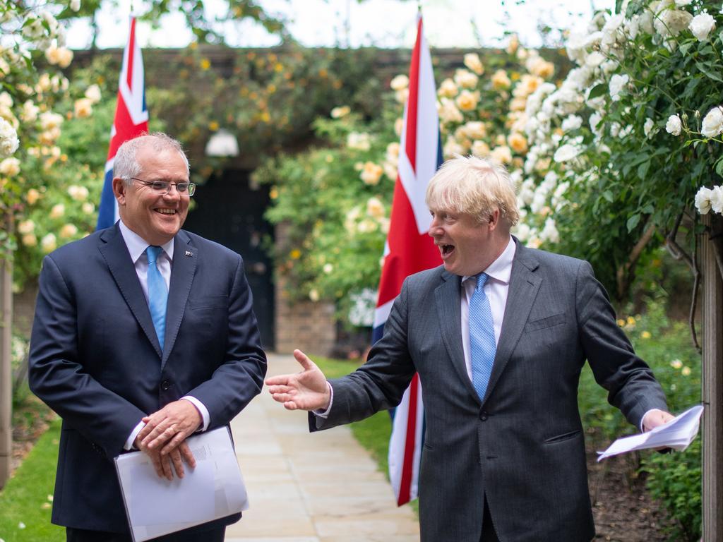 UK Prime Minister Boris Johnson and Australian Prime Minister Scott Morrison in the garden of 10 Downing Street, London. Picture: Dominic Lipinski – WPA Pool/Getty Images