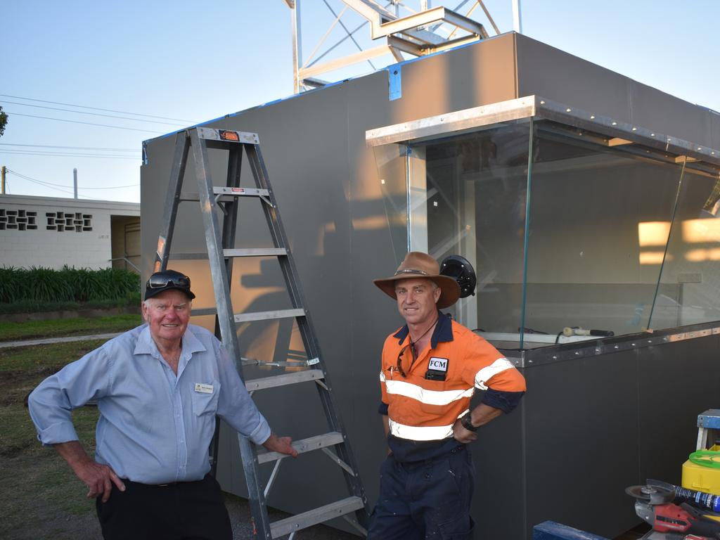 Warwick Turf Club President Barry Burgess and local contractor Randall Watt are working tirelessly to put the finishing touches on several upgrades, including the new announcer’s tower (Photo: Michael Hudson / Warwick Daily News).