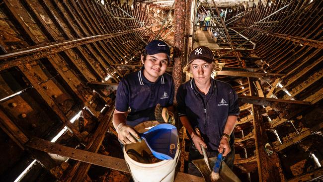 Dylan Cedro, 14, and Justin Hastings, 15, who are two of the Ocean View College students who have volunteered 250 hours on the <i>City of Adelaide </i>clipper ship. Picture: AAP/Roy VanDerVegt