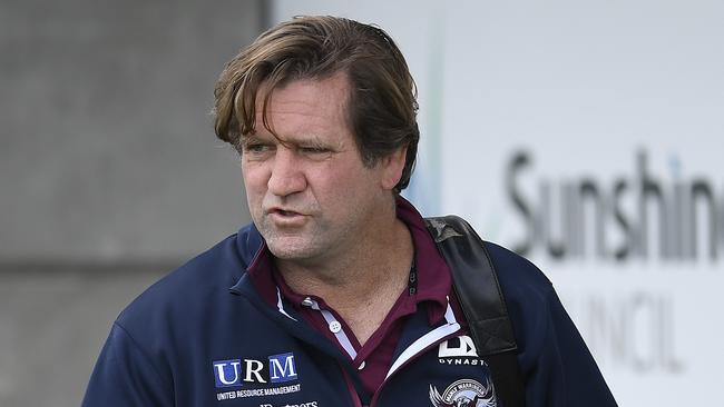 SUNSHINE COAST, AUSTRALIA - AUGUST 30: Manly coach Des Hasler arrives at the ground before the start of the round 16 NRL match between the Melbourne Storm and the Manly Sea Eagles at Sunshine Coast Stadium on August 30, 2020 in Sunshine Coast, Australia. (Photo by Ian Hitchcock/Getty Images)