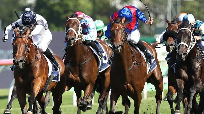 Our Anchorage (white) gives Ash Morgan his first Group winner in the Parramatta Cup at Rosehill Gardens on Saturday. Photo: Jeremy Ng/Getty Images.