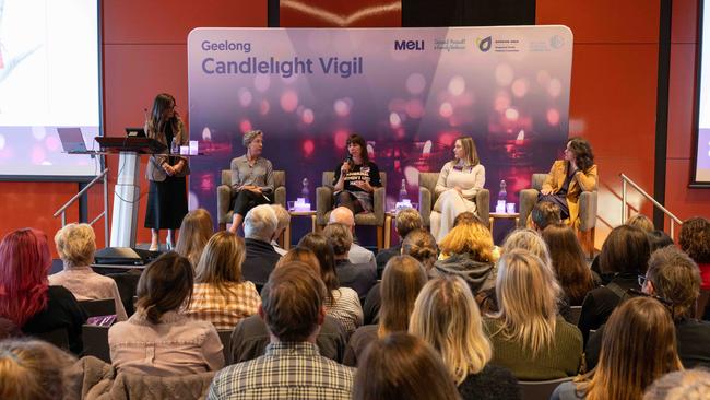 Panellists Vanessa Schernickau, Louise Simms, Kristy Berryman and Linden Deathe at the domestic violence vigil at Geelong Library. Picture: Brad Fleet