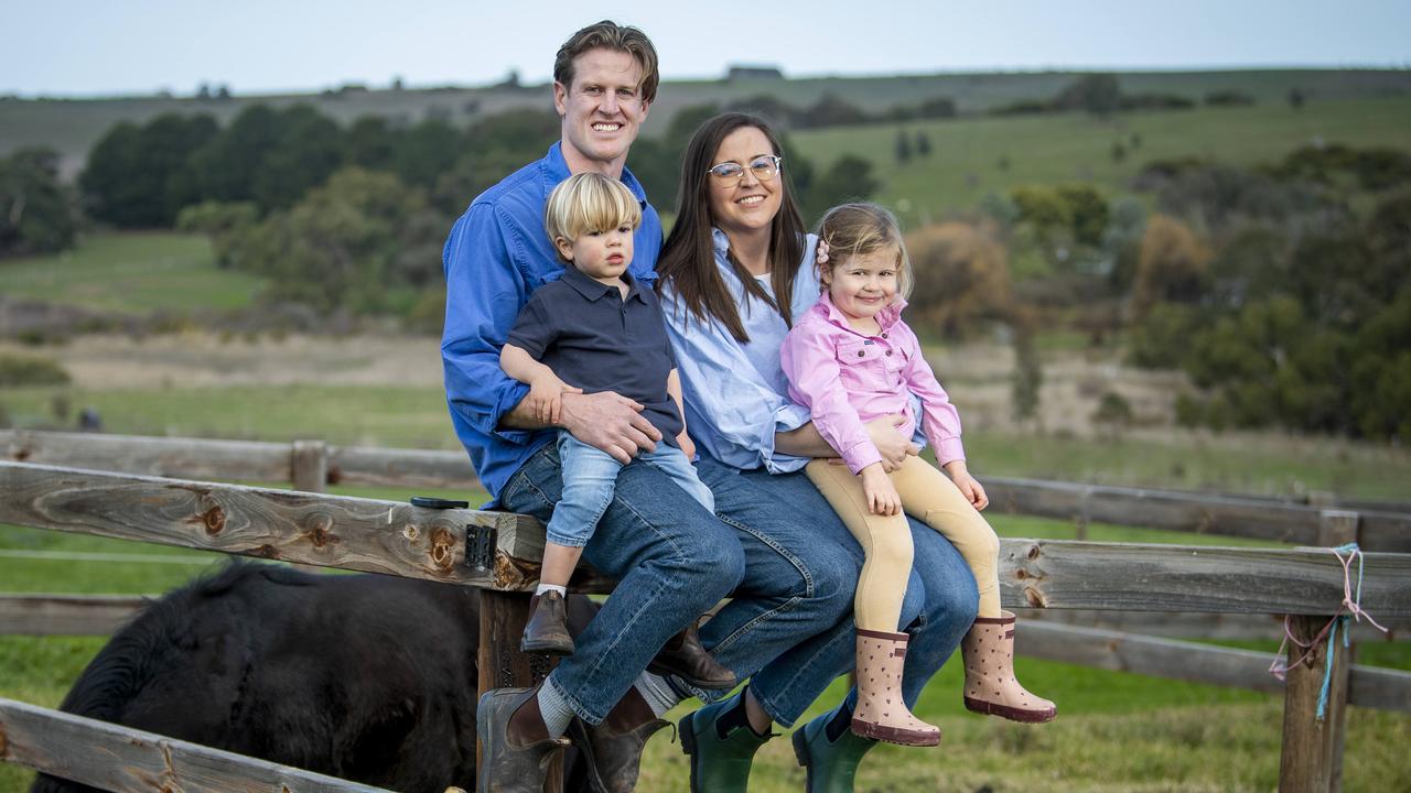 Tom Jonas and his wife Millie and their children Matilda,3, and George ,2, and "Dennis " the shetland  pony  at Millie's parents property at Middleton Friday,August,9,2024.Picture Mark Brake