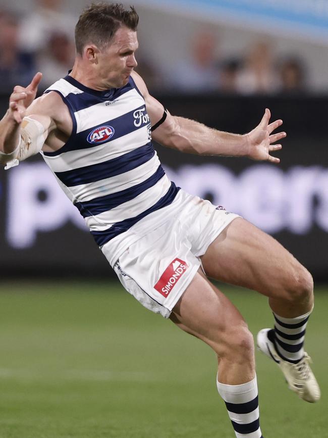 Patrick Dangerfield was outstanding for Geelong on Saturday night. Picture: Darrian Traynor/Getty Images.