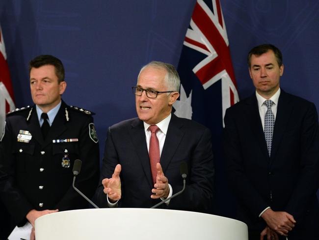 PM Malcolm Turnbull holds a press conference with Minister for Justice Michael Keenan and AFP Commissioner Andrew Colvin. Picture: Jeremy Piper