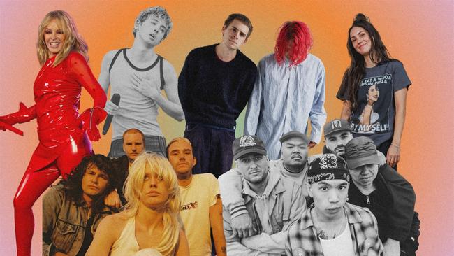 Clockwise from top: Kylie Minogue, Troye Sivan, Royel Otis, Amy Shark, SPEED, Amyl & the Sniffers