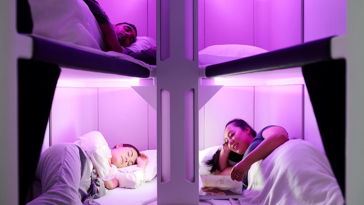 Air New Zealand’s ‘Skynest’ is a pod of six bunk beds that anyone in economy or premium economy can book for a four hour timeslot. Picture: Air NZ