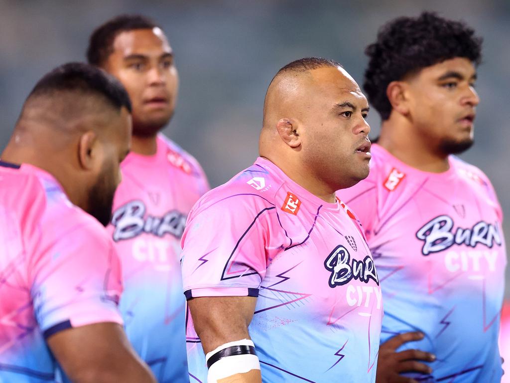 Sam Talakai of the Rebels warms up before the round 14 Super Rugby Pacific match between ACT Brumbies and Melbourne Rebels last weekend. Picture: Getty Images