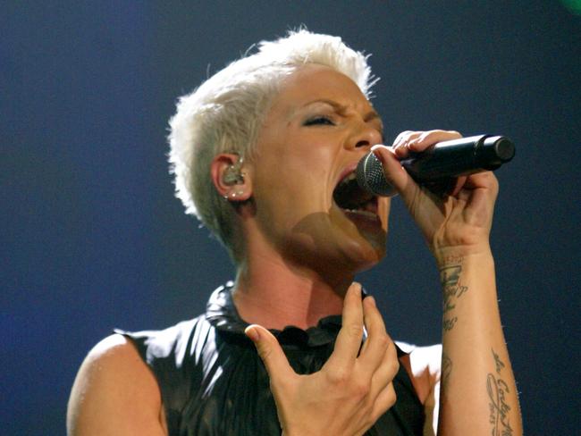 Singer Pink performing during concert at Adelaide Entertainment Centre.