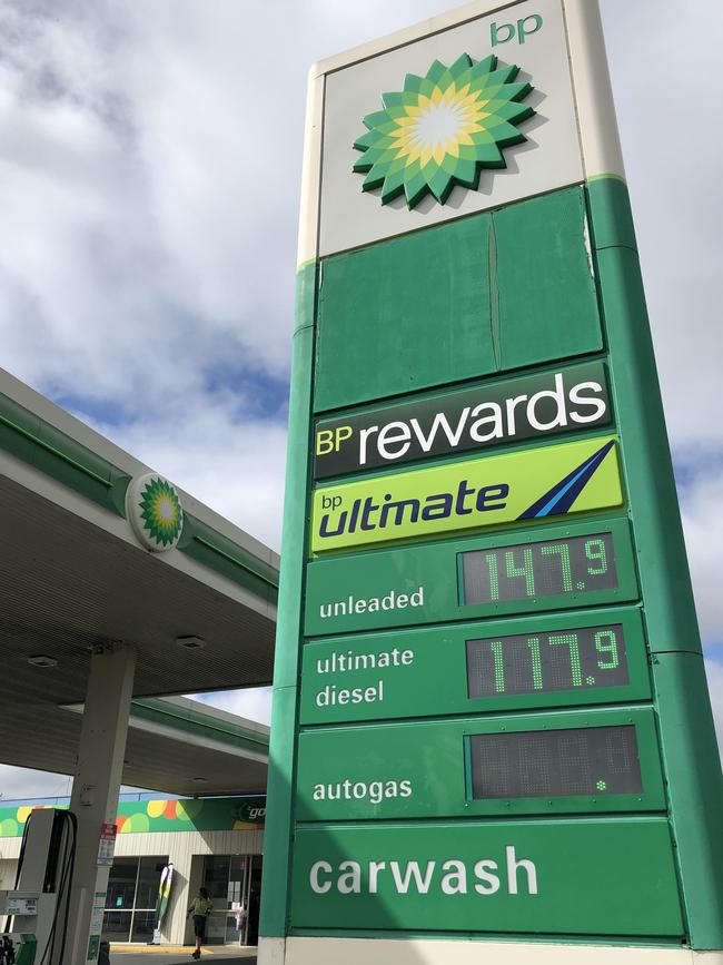 BP petrol station selling unleaded petrol at 147.9 cents a litre on Wednesday morning