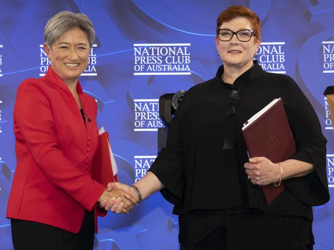 Penny Wong and Marise Payne at the National Press Club of Australia. Picture: NCA NewsWire/Andrew Taylor