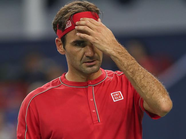 SHANGHAI, CHINA - OCTOBER 11:  Roger Federer of Switzerland reacts in the against Alexander Zverev of Germany during the Men's singles Quarterfinals match of 2019 Rolex Shanghai Masters day seven at Qi Zhong Tennis Centre  (Photo by Lintao Zhang/Getty Images)