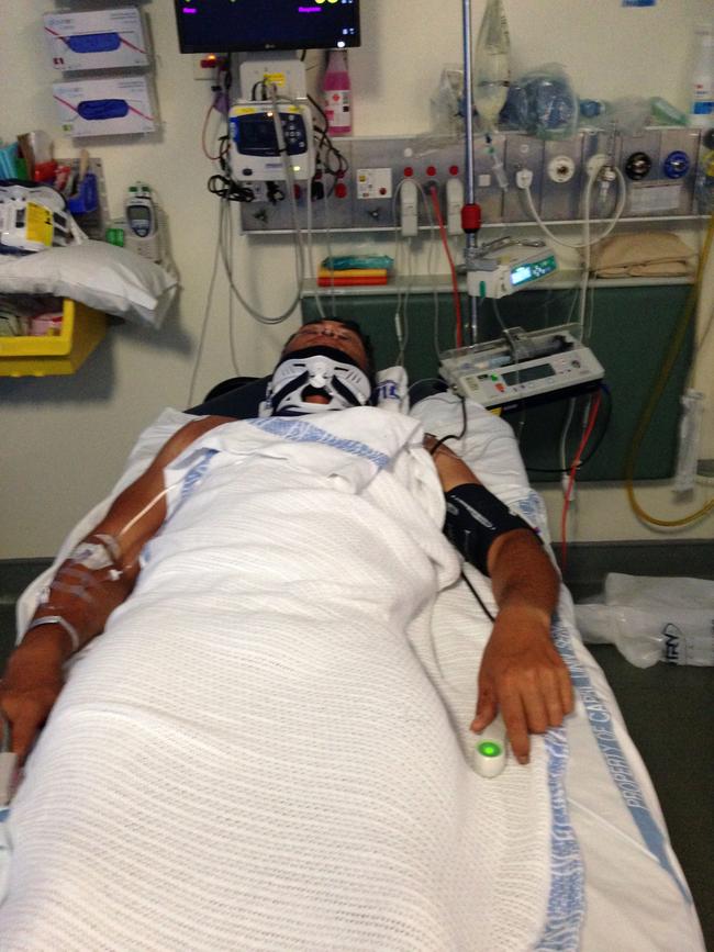 Ben Farinazzo in hospital when he broke his neck and back. Picture: Supplied