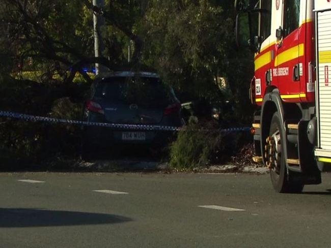 A crashed car which was allegedly stolen by 14-year-old. Picture: 7 News Gold Coast