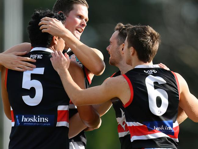 Park Orchards celebrate a goal during the round six EFNL Division 1 Eastland Senior Mens match between Beaconsfield and Park Orchards at Beaconsfield Holm Park Reserve, on May 11, 2024, in Melbourne, Australia. (Photo by Josh Chadwick)