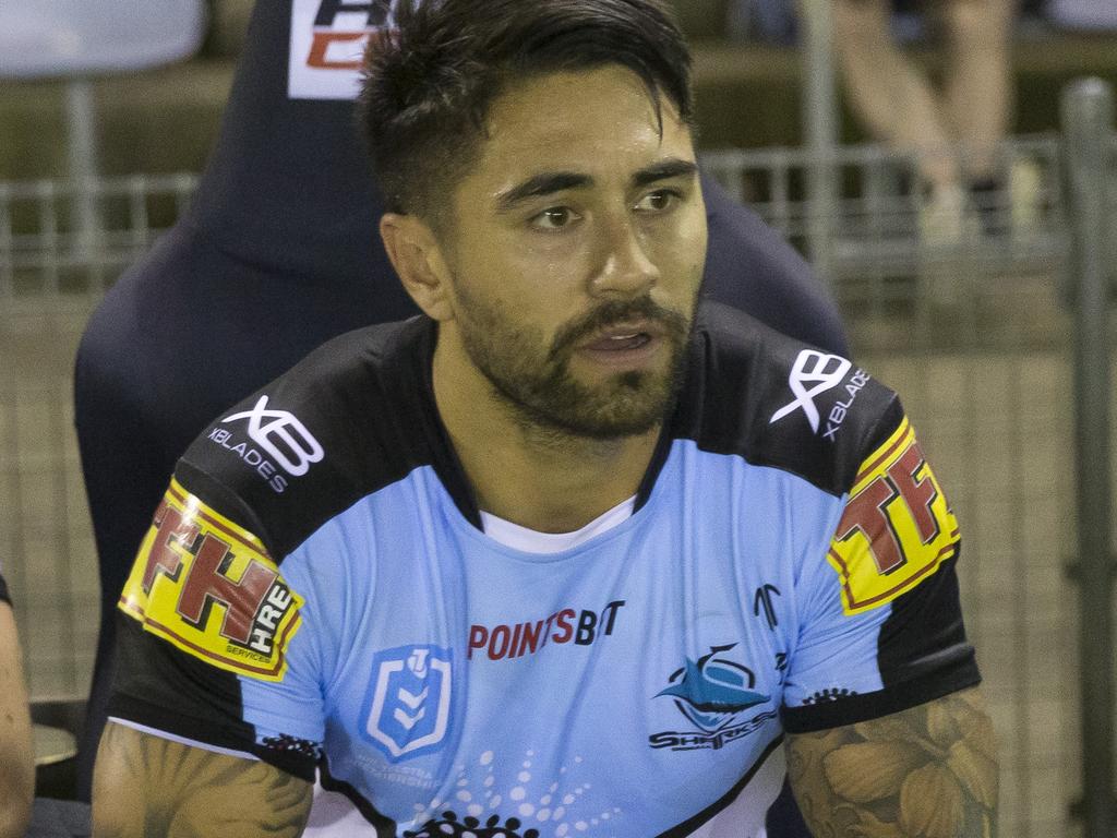 Braden Hamlin-Uele of the Sharks and Shaun Johnson of the Sharks on the bench towards the end of the Round 16 NRL match between the Cronulla Sharks and the Brisbane Broncos at Shark Park in Sydney, Sunday, July 7, 2019. (AAP Image/Craig Golding) NO ARCHIVING, EDITORIAL USE ONLY