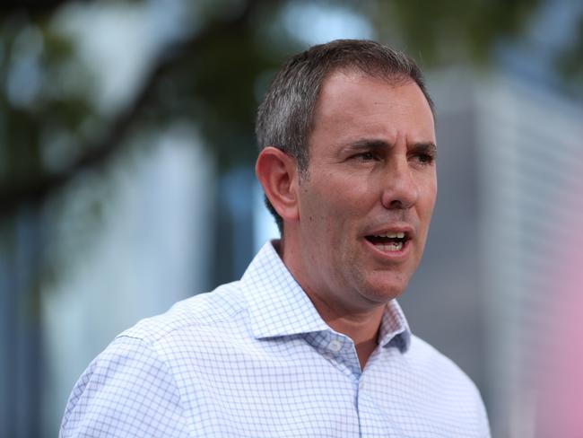 Federal Treasurer Jim Chalmers talks to media at South Bank in Brisbane on Sunday morning. Picture Lachie Millard