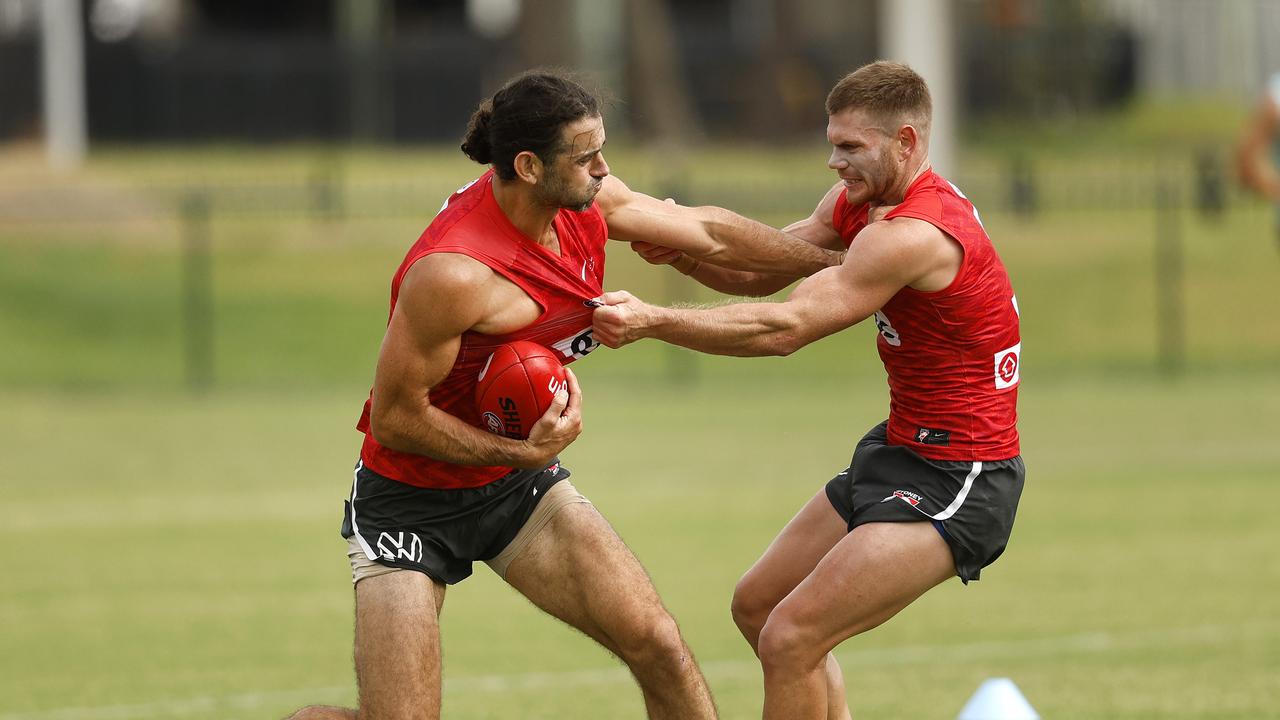 Brodie Grundy and Taylor Adams are both former Magpies now at the Sydney Swans . Photo by Phil Hillyard