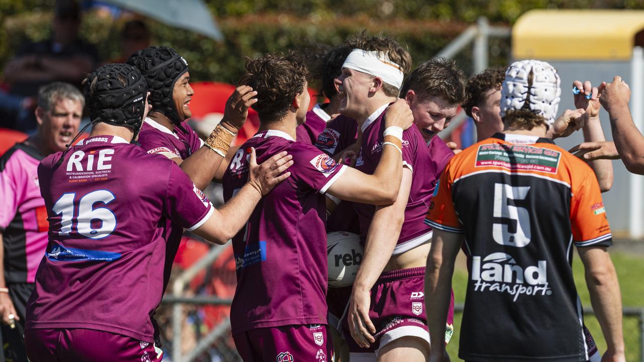 Dalby celebrate a try by Matthew Drews against Southern Suburbs in TRL U19 grand final rugby league at Toowoomba Sports Ground, Saturday, September 14, 2024. Picture: Kevin Farmer