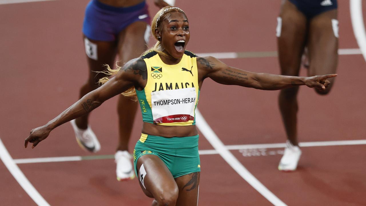 Thompson-Herah reacts after winning 100m gold at the Tokyo Olympics. Picture: Alex Coppel.