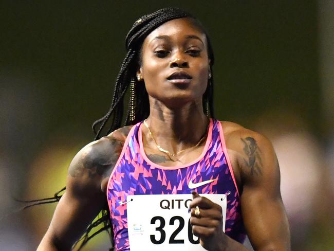 Jamaica’s Elaine Thompson runs the women’s 100m in Brisbane on Wednesday night.