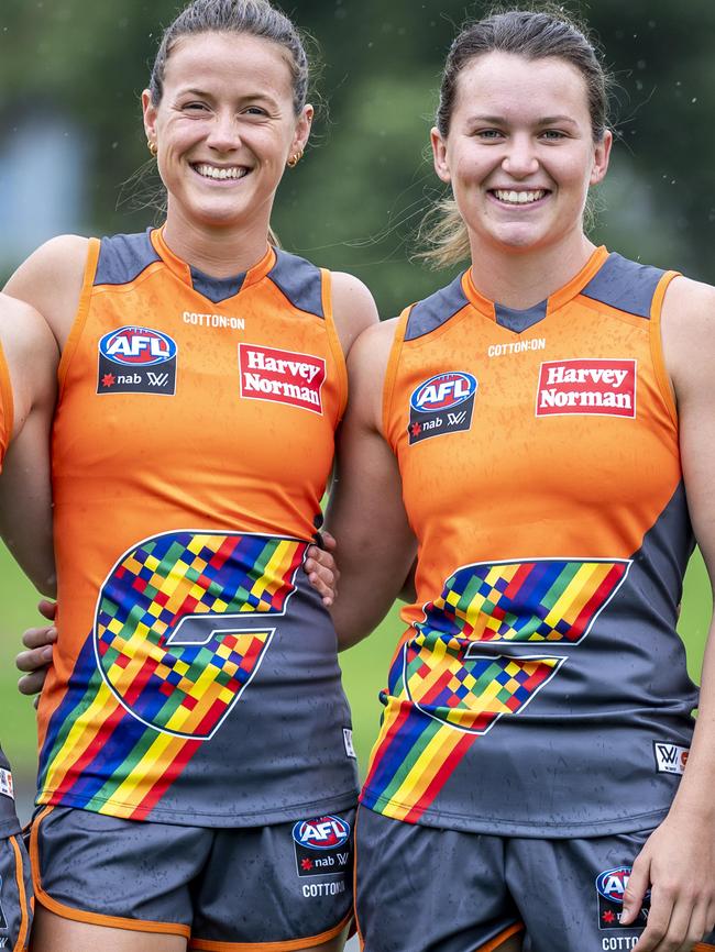 AFLW players Nicola Barr and Alyce Parker with the GWS pride jumper. Picture: Darren Leigh Roberts