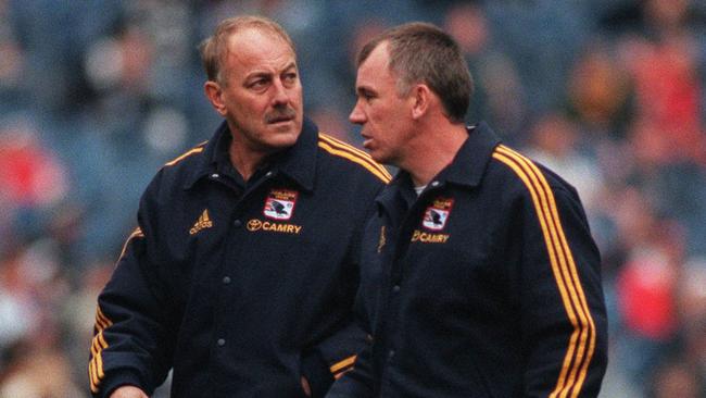 Adelaide coach Malcolm Blight with assistant coach Darel Hart in 1998.