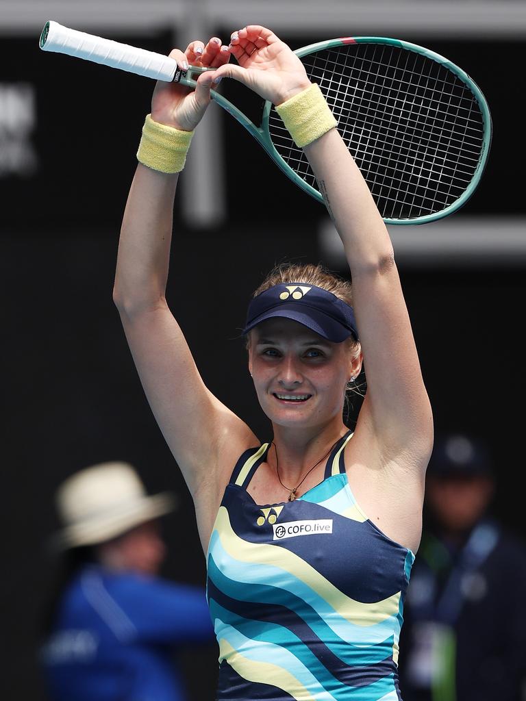 Dayana Yastremska of Ukraine celebrates winning match point. (Photo by Darrian Traynor/Getty Images)