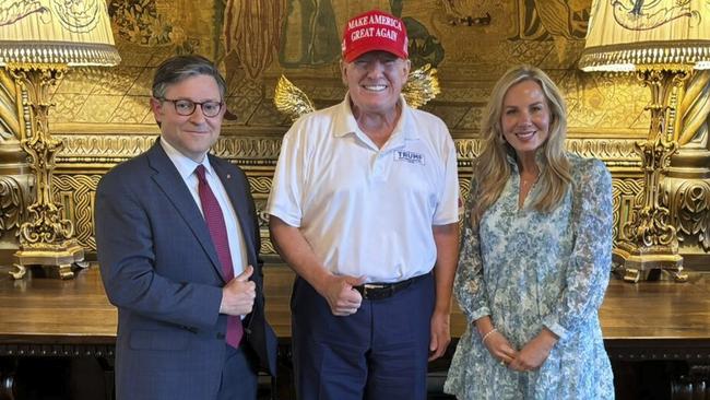 Speaker of the House Mike Johnson, left, and his wife Kelly with Donald Trump at Mar-a-Lago shortly before the drama unfolded at Mr Trump’s golf course nearby. Picture: X