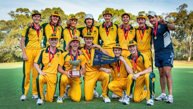 Pembroke School celebrates its win in the Messenger Bowl T20 grand final against Adelaide High School. Picture: Peter McRostie