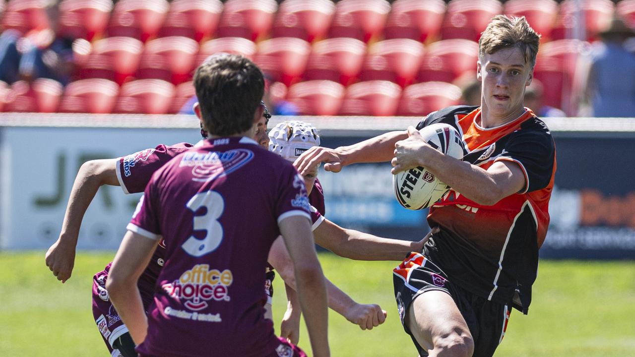 Hunter Tate-Roche on the move for Southern Suburbs against Dalby Devils in U14 boys Toowoomba Junior Rugby League grand final at Toowoomba Sports Ground, Saturday, September 7, 2024. Picture: Kevin Farmer