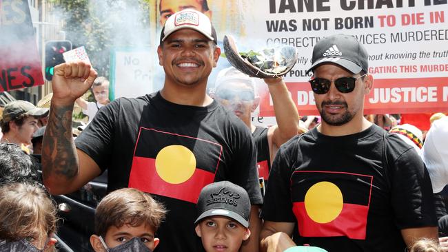 Latrell Mitchell and Cody Walker during the 2020 Invasion Day march from Hyde Park down Elizabeth St, Sydney. Picture: Jonathan Ng