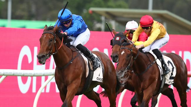 SYDNEY, AUSTRALIA - MARCH 16: Tom Marquand riding Zardozi   wins Race 7 Chandon Phar Lap Stakes during "Chandon Ladies Day" - Sydney Racing at Rosehill Gardens on March 16, 2024 in Sydney, Australia. (Photo by Jeremy Ng/Getty Images)