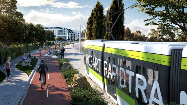 Artists impressions of a light rail in Hobart. Picture: Department of State Growth