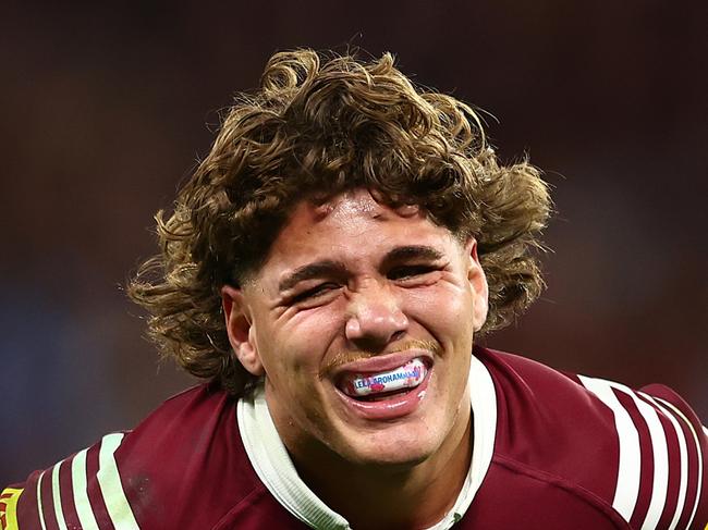 BRISBANE, AUSTRALIA - JULY 17:  Reece Walsh of the Maroons reacts after an injury during game three of the 2024 Men's State of Origin series between Queensland Maroons and New South Wales Blues at Suncorp Stadium on July 17, 2024 in Brisbane, Australia. (Photo by Chris Hyde/Getty Images)