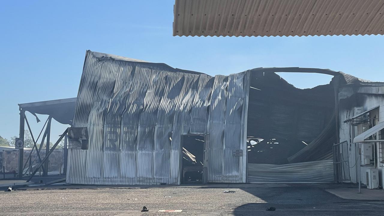The burnt NT Health medical supply storage facility at Berrimah. Picture: Bethany Griffiths