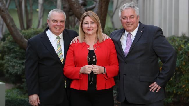 Centre Alliance’s Senator Stirling Griff, MP Rebekha Sharkie and Senator Rex Patrick – who will run as an independent. Picture: Kym Smith