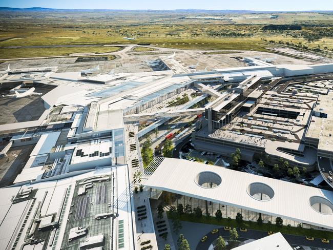 An artist's impression of Melbourne Airport with an underground rail station (bottom middle) as well as a new road link to its car parks. Source: Melbourne Airport