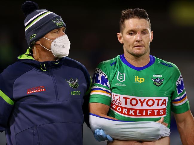 CANBERRA, AUSTRALIA - MAY 06: Jarrod Croker of the Raiders is taken from the field with an injury during the round nine NRL match between the Canberra Raiders and the Canterbury Bulldogs at GIO Stadium, on May 06, 2022, in Canberra, Australia. (Photo by Mark Nolan/Getty Images)