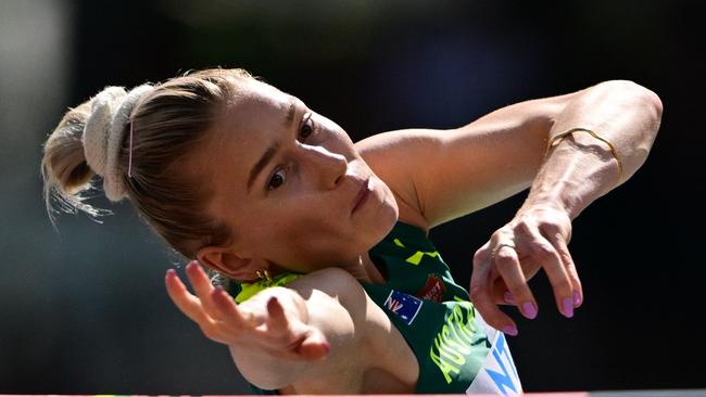 Australia's Eleanor Patterson competes in the women's high jump qualification during the World Athletics Championships at the National Athletics Centre in Budapest on August 25, 2023. (Photo by Ben Stansall / AFP)