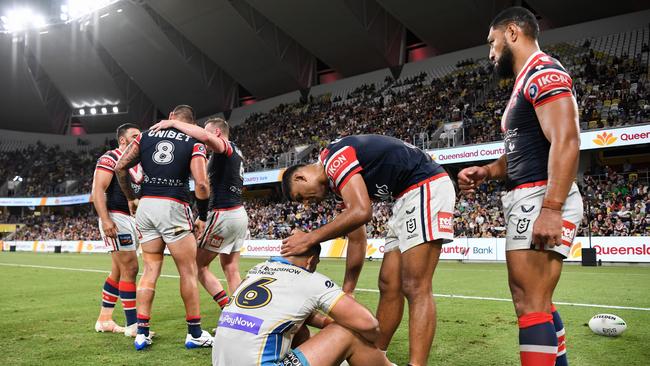 The Titans looked certain to score in the final minute, but were stopped by some desperate Roosters defence and a poor error. Picture: NRL Images.