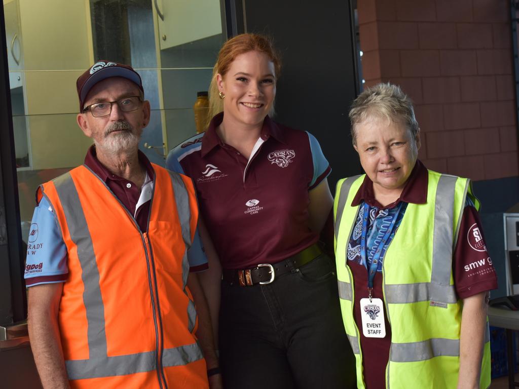 Game day volunteers Shane Kostuch, Melita Hudson and Theresa Langusch at the Capras menâ&#128;&#153;s and womenâ&#128;&#153;s season openers at Browne Park, Rockhampton, on March 11, 2023.