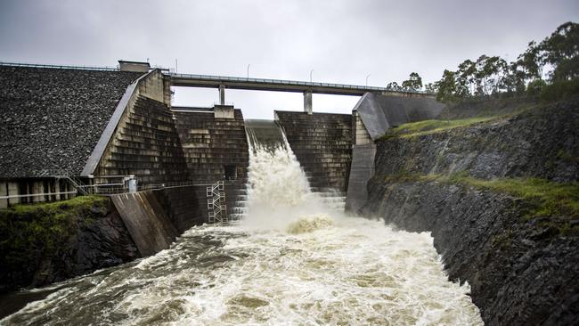 Hinze Dam overflowing. Picture: NIGEL HALLETT