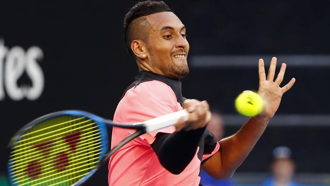 Nick Kyrgios rips a forehand against Viktor Troicki. Picture: Michael Klein