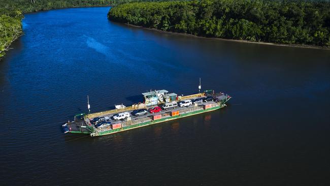 Aerial view of the Daintree Ferry crossing the Daintree River