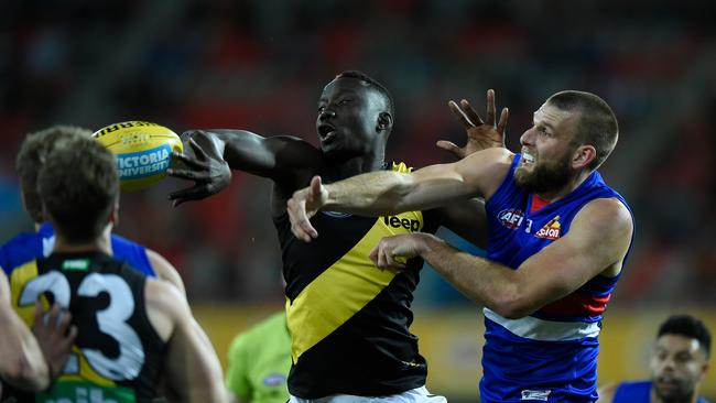 Jackson Trengove in action for the Western Bulldogs against Richmond in 2020. Picture: Matt Roberts/AFL Photos/via Getty Images